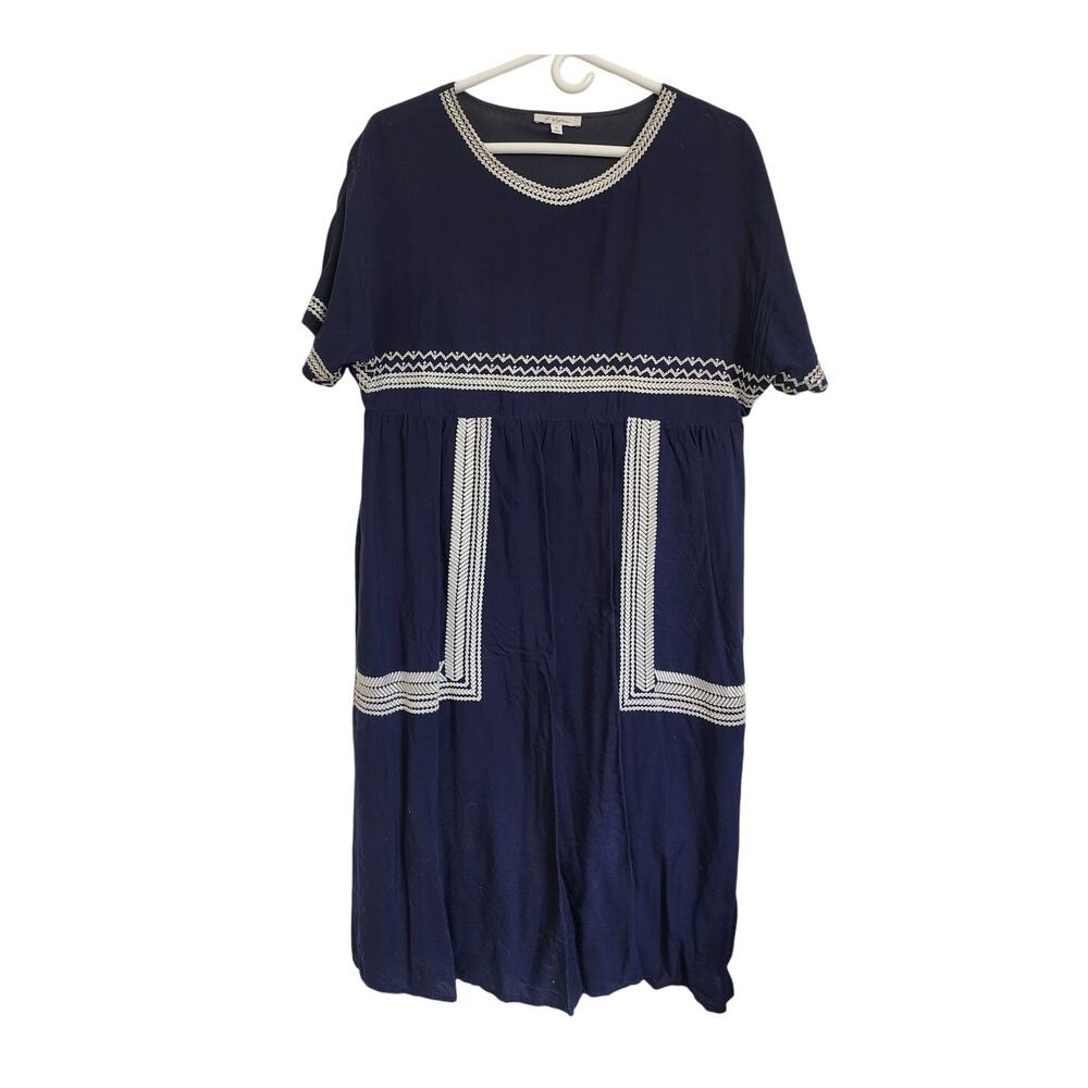 Navy/White Embroidery Midi Shift Dress Cottage 4th of July Size Small Oversized